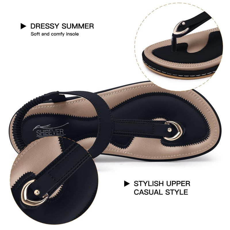 SHIBEVER Womens Sandals Summer Flat: Dressy Casual T-Strap Flip Flop Thong Flat Sandals - Black Size 8 Comfortable Walking - Image 2